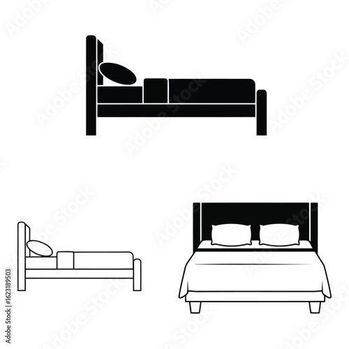 Art of collection of bed icons in different styles, isolated on white background