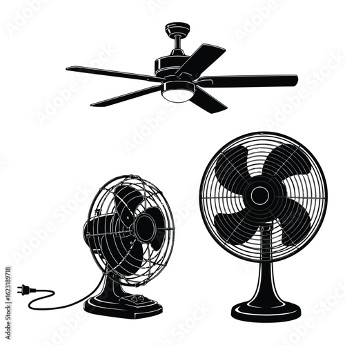 Art of collection of three fans a ceiling fan and two desk fans, isolated on white background