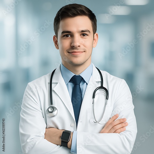 Confident young doctor with stethoscope smiles, arms crossed in a bright, modern clinic setting.