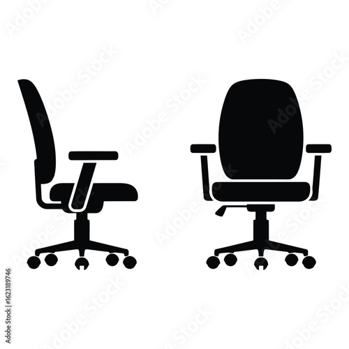 Art of black office chair isolated on white background, shown from two different angles for a comprehensive view of its design and features