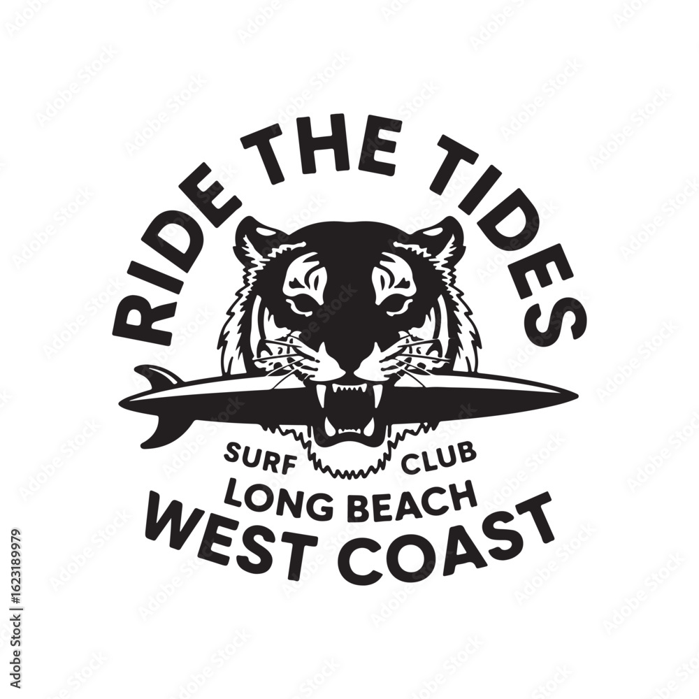 Obraz premium Ride the tides surf club west coast long beach tiger symbol monochrome illustration