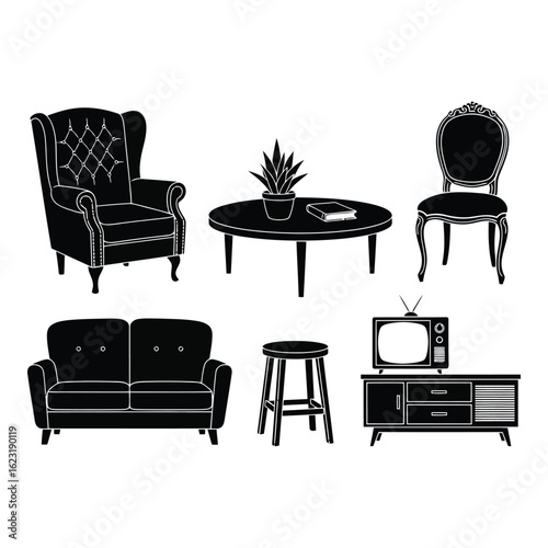 Art of collection of vintage and modern furniture including a wingback armchair, sofa, coffee table with plant and book, stool, and television stand, isolated on white background