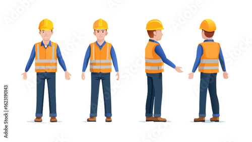 Construction worker character design vector illustration with safety helmet and vest for industrial use