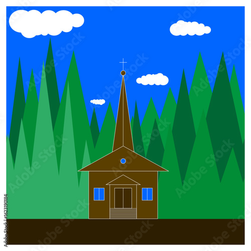 Church building vector. Forest chapel illustration. Brown wooden structure. Blue sky background. EPS 10.