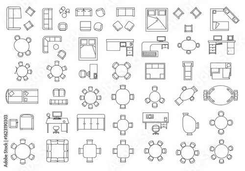 Set of furniture top view symbols for architectural floor plans