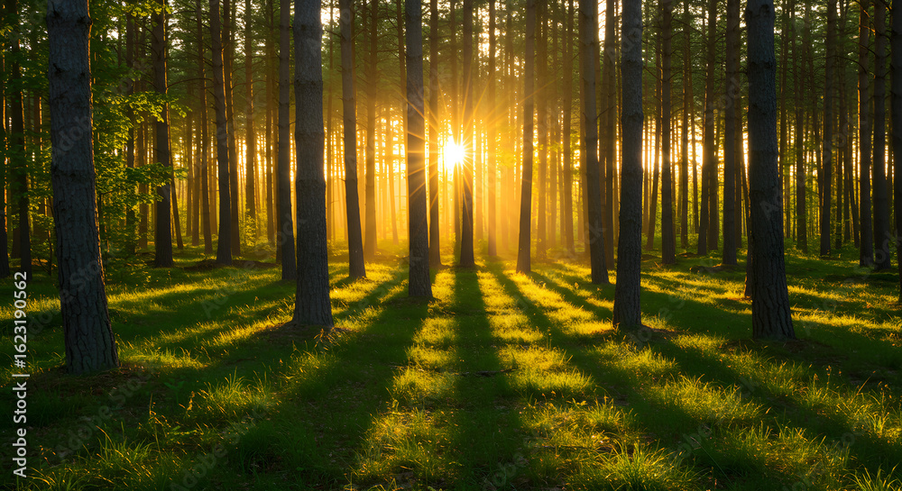 Obraz premium Golden Sunlight Through Forest Trees