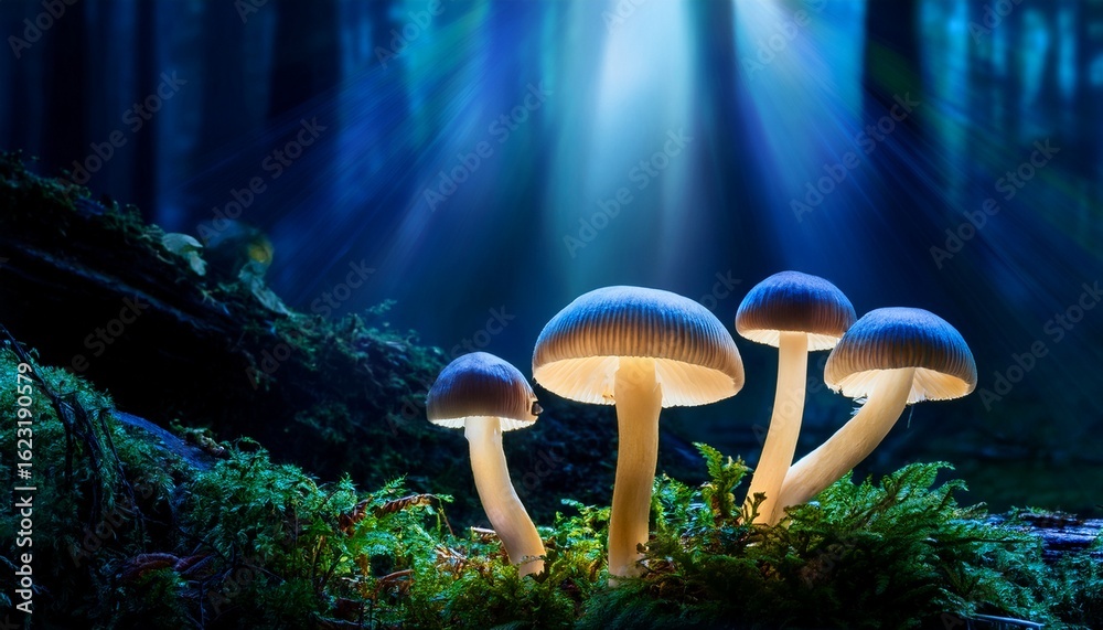 Fototapeta premium luminescent mushrooms glowing in the dark forest at night under mysterious light beams