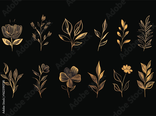 Elegant golden floral and leaf elements on a black background for design projects