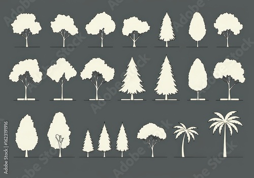 Set of various tree icons in a minimalist black and white line art style