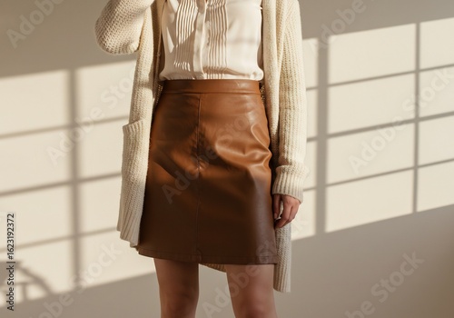 光差し込む部屋で、女性が上品な革スカートを優しく着こなす。