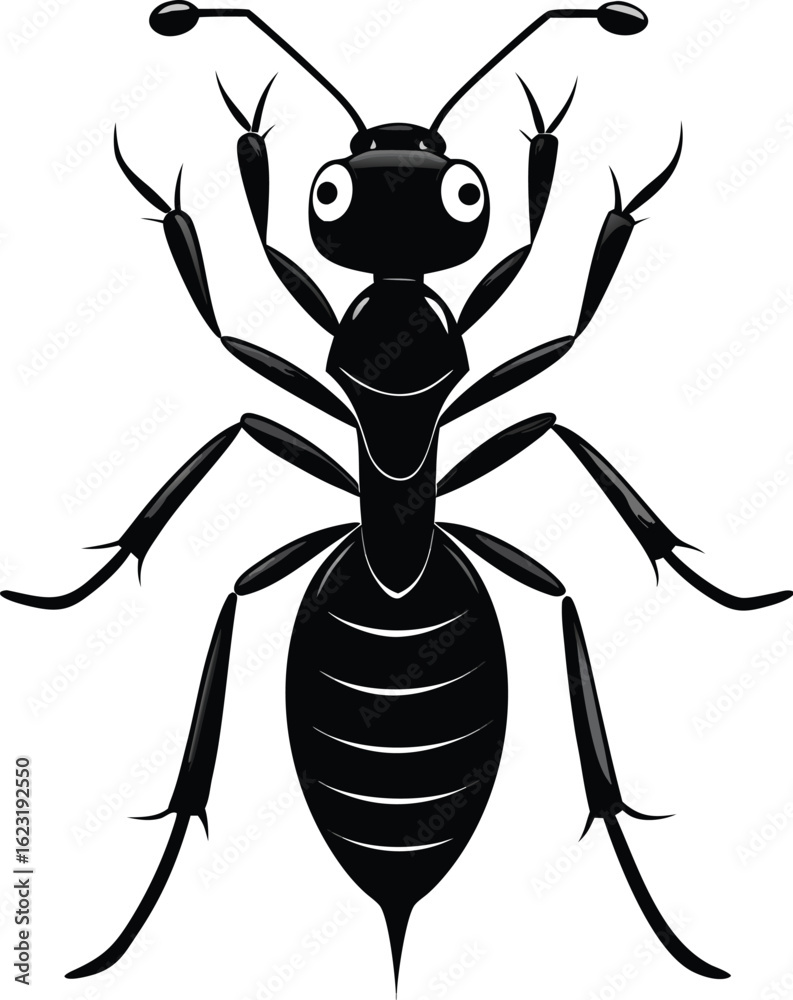 A charming top-down view of a funny black ant cartoon character, species type, isolated on a white background A charming top-down view of a funny black ant cartoon character, species type, isolated on a white background