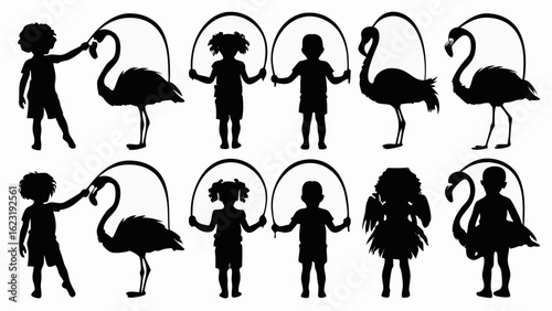 Silhouette illustration of children and flamingoes holding skipping ropes in a playful arrangement scene