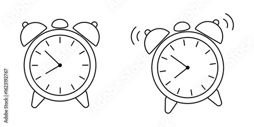 AdobRinging Alarm Clock Line Icons. Minimalist Black Outline of Vintage Wake-Up Clocks, Silent and Ringing Versions. Editable stroke. Simple Hand-Drawn Style for Morning, Time, Wae Illustrator Artwork