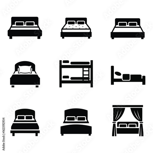 Art of collection of bed icons isolated on white background, representing various styles and types of beds for bedroom furniture and interior design