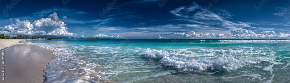 Fototapeta premium Relaxing beach waves tropical paradise scenic landscape clear waters panoramic view tranquil atmosphere for vacationers