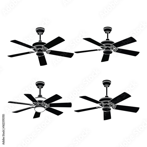 Art of collection of four modern ceiling fans with blades and central motor, isolated on a white background