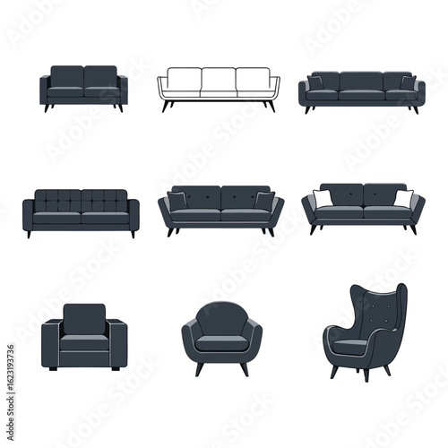 Art of collection of diverse sofas and armchairs, showcasing various styles and designs, isolated on white background