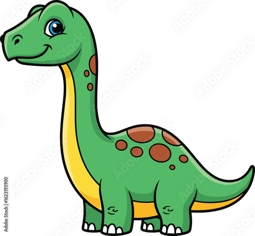 Cute and Friendly Green Cartoon Brontosaurus or Apatosaurus Dinosaur, Perfect for Children's Designs, Prehistoric Themes, and Education, Flat Vector Illustration