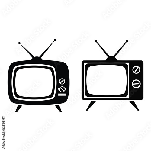 Art of two retro televisions with antennas and knobs, isolated on white background