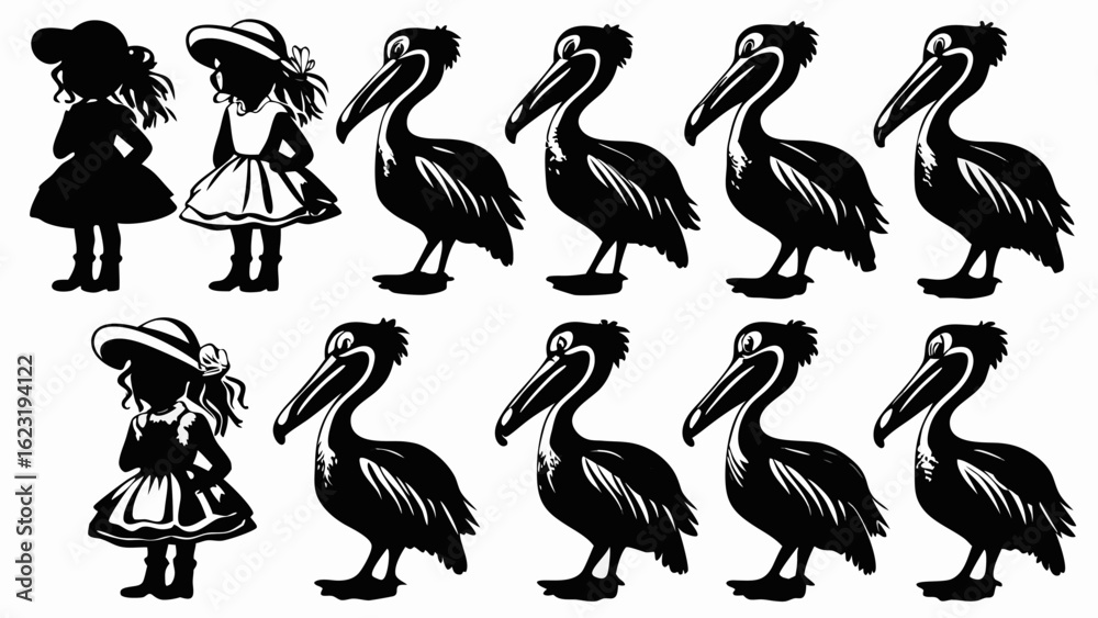 Obraz premium Silhouette of girls in dresses and hats with pelicans arranged in rows on a white background