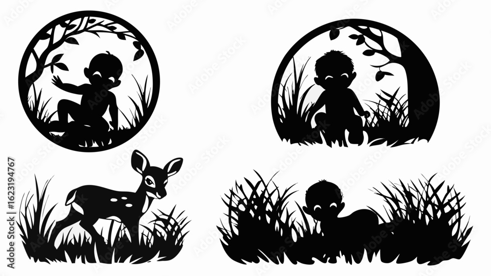 Fototapeta premium Silhouette images featuring babies in nature scenes with trees and a deer, all in black and white design