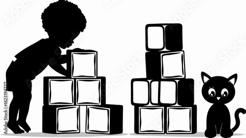Silhouette of child stacking blocks next to another stack with a cat sitting beside the second stack