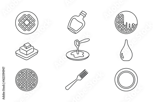 Waffle syrup butter dish fork and plate vector