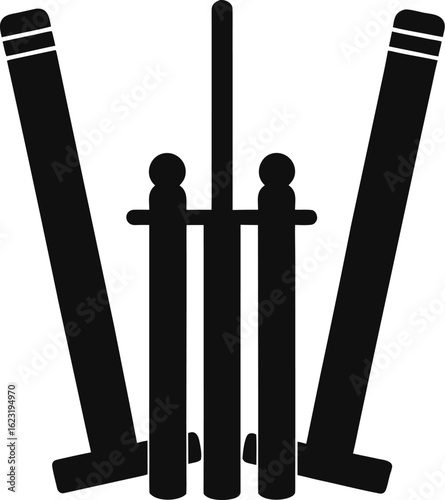 Cricket sport concept with bat and wicket stumps, a minimal black icon representing championship game series