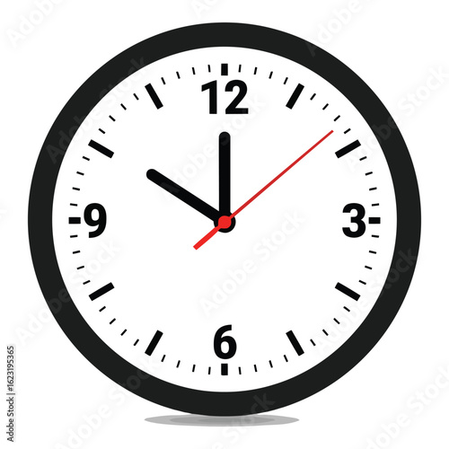 Art of closeup of a classic analog clock face with black hands and red second hand, isolated on white background