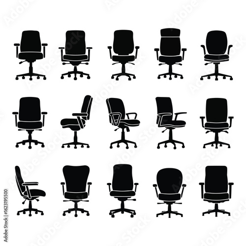 Art of collection of office chairs from various angles, isolated on white background