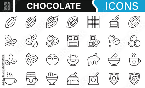 Chocolate Production Process Icons Including Cocoa Beans, Bars, and More