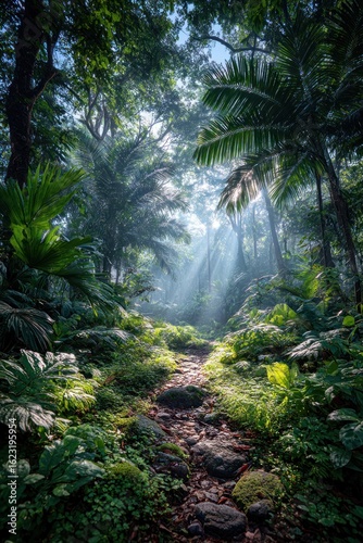 Lush jungle path bathed in sunlight