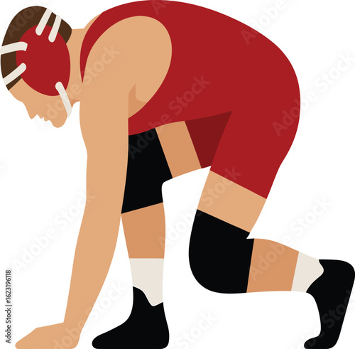 Focused wrestler ready for the match, showcasing strength and determination in a competitive sport, embodying discipline and athletic prowess
