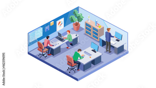 Isometric office space design with employees working on desks for business and corporate concept scene illustration