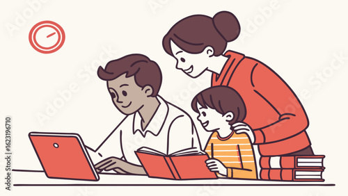 Family learning together at home with laptop and books for education and homeschooling concept design