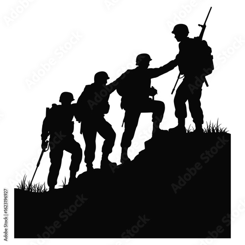 Group of soldiers helping each other up terrain, teamwork and support silhouette vector isolated black and white