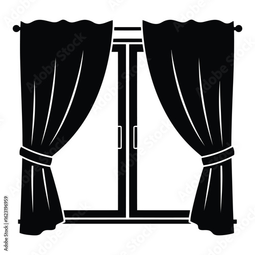 Art of black curtains draped elegantly on either side of a window, creating a stylish and inviting atmosphere in any room