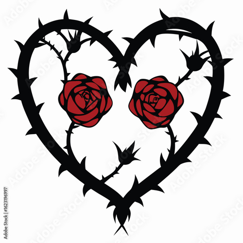 A gothic heart of black thorns with two red roses, a beautiful symbol of passion and painful love vector art.