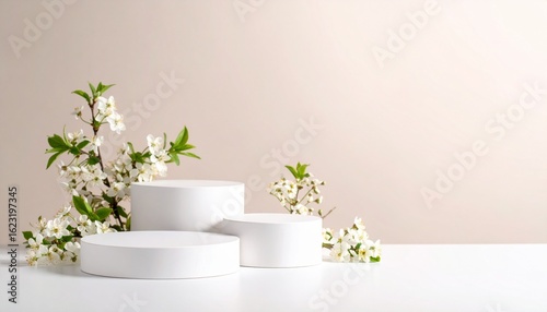 Floral cosmetic flat lay with flowers and skincare products on beige background