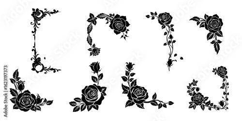 Set of Vintage Rose Flower Corner Borders and Frames, Black and White Vector Illustrations