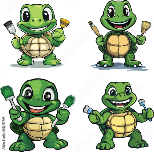 Turtle mascot cartoon character illustration brushing teet vector style on white background