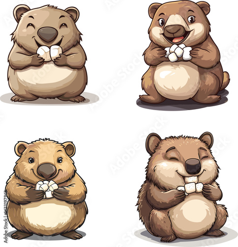 Wombat mascot cartoon character illustration eating marshmallow vector style on white background