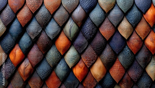 Close-up of a textured wall,  featuring  overlapping,  diamond-shaped  scales in a variety of earthy tones