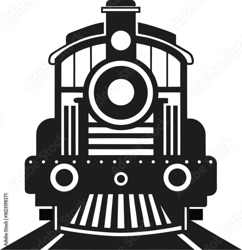 Vintage steam locomotive silhouette vector icon, front view on railway