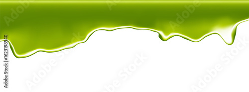 Green slime drip with 3D goo effects and toxic splatter textures. Realistic liquid splashes for Halloween zombie or radioactive designs. Transparent droplets or sticky mucus elements for banners.