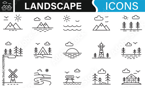 Icons Depicting Beautiful Natural Landscapes with Forests, Mountains, and Water