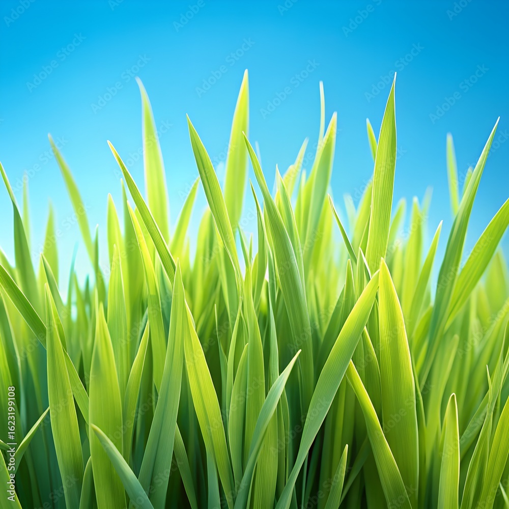 Obraz premium Vibrant green grass blades with pale blue sky background