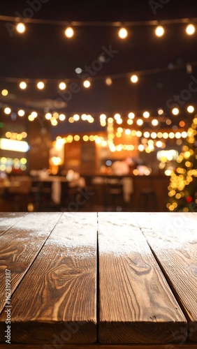 Wooden table with blurred background of festive night lights