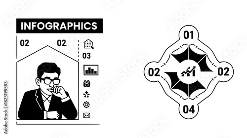 Infographic showing a man in glasses contemplating data charts and business process diagrams, isolated on white background