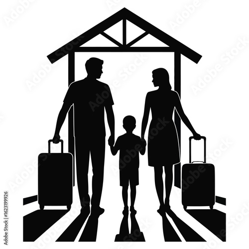 Silhouette of family entering new home with luggage and key handover vector isolated black and white